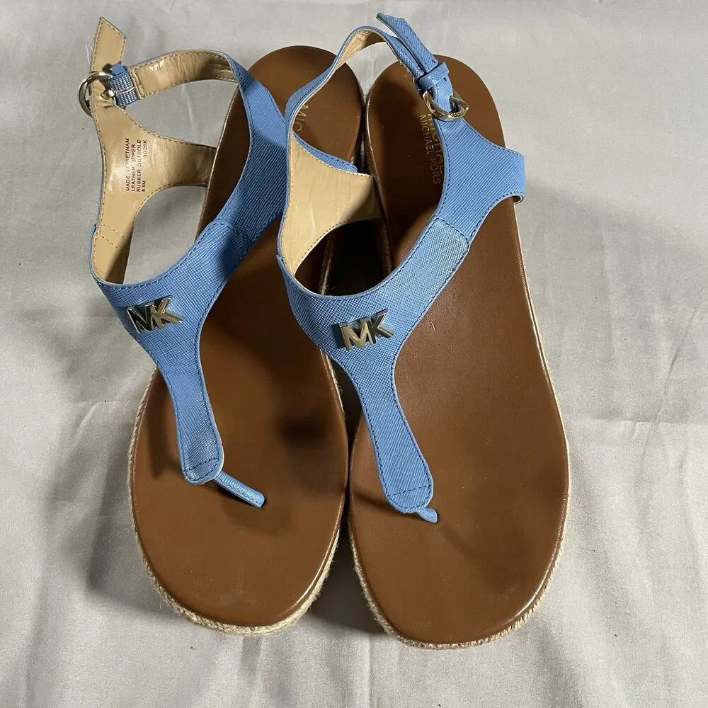 Michael Kors Womens Wedge Sandals Size 8.5 Blue Leather Espadrille MK Logo